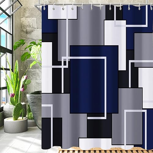 Miniatura 7 de YiarTaan Cortina de ducha azul marino, cortinas de ducha para baño, juegos de cortinas de ducha geométricas modernas de mediados de siglo, cortina