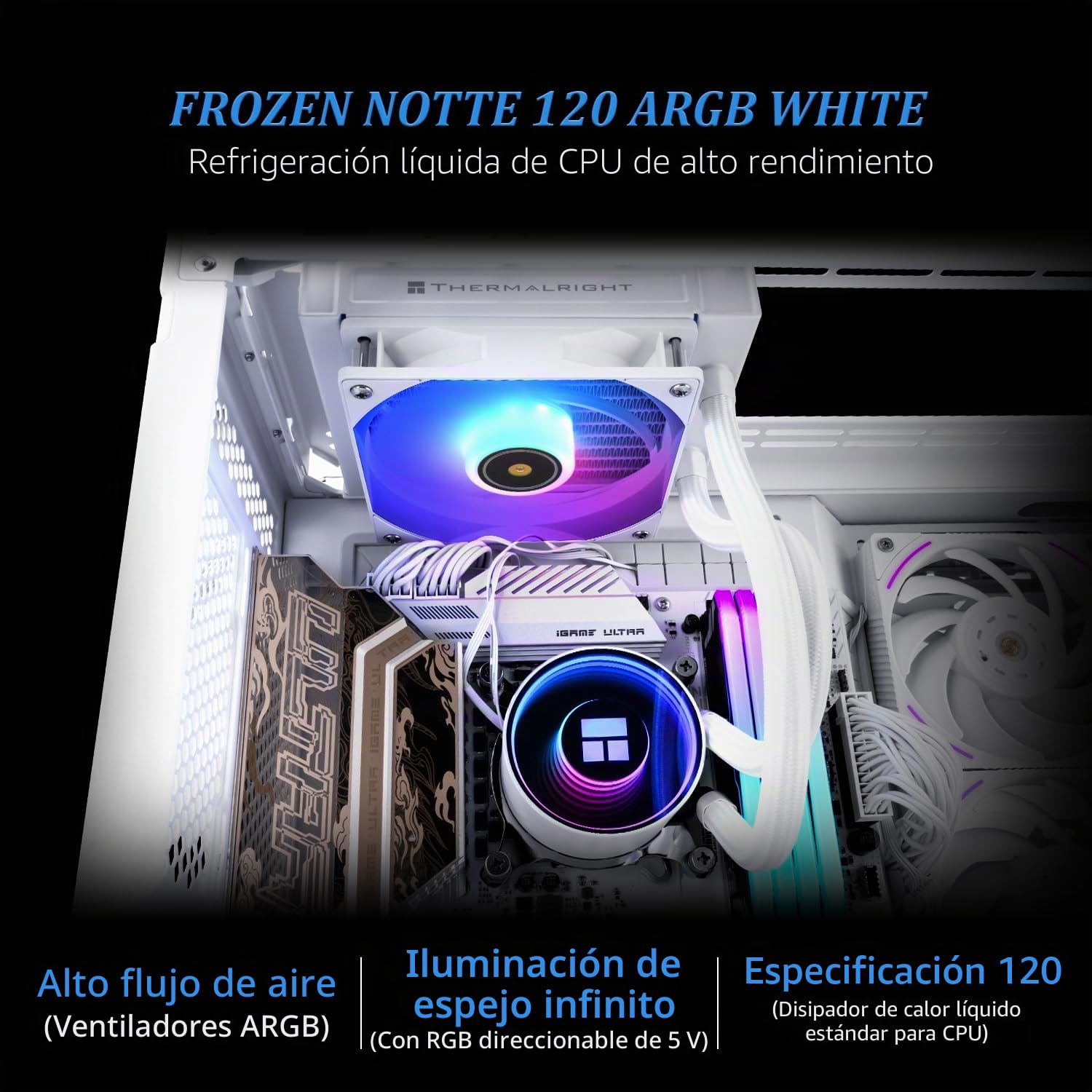 TR-Frozen Notte 120 ARGB Blanco Enfriador de procesador Aio, 120 Fila de frío Especificación, Ventilador de enfriamiento ARGB PWM, para Intel lga115x / 1200/1851 / 1700, AMD: AM4 / AM5