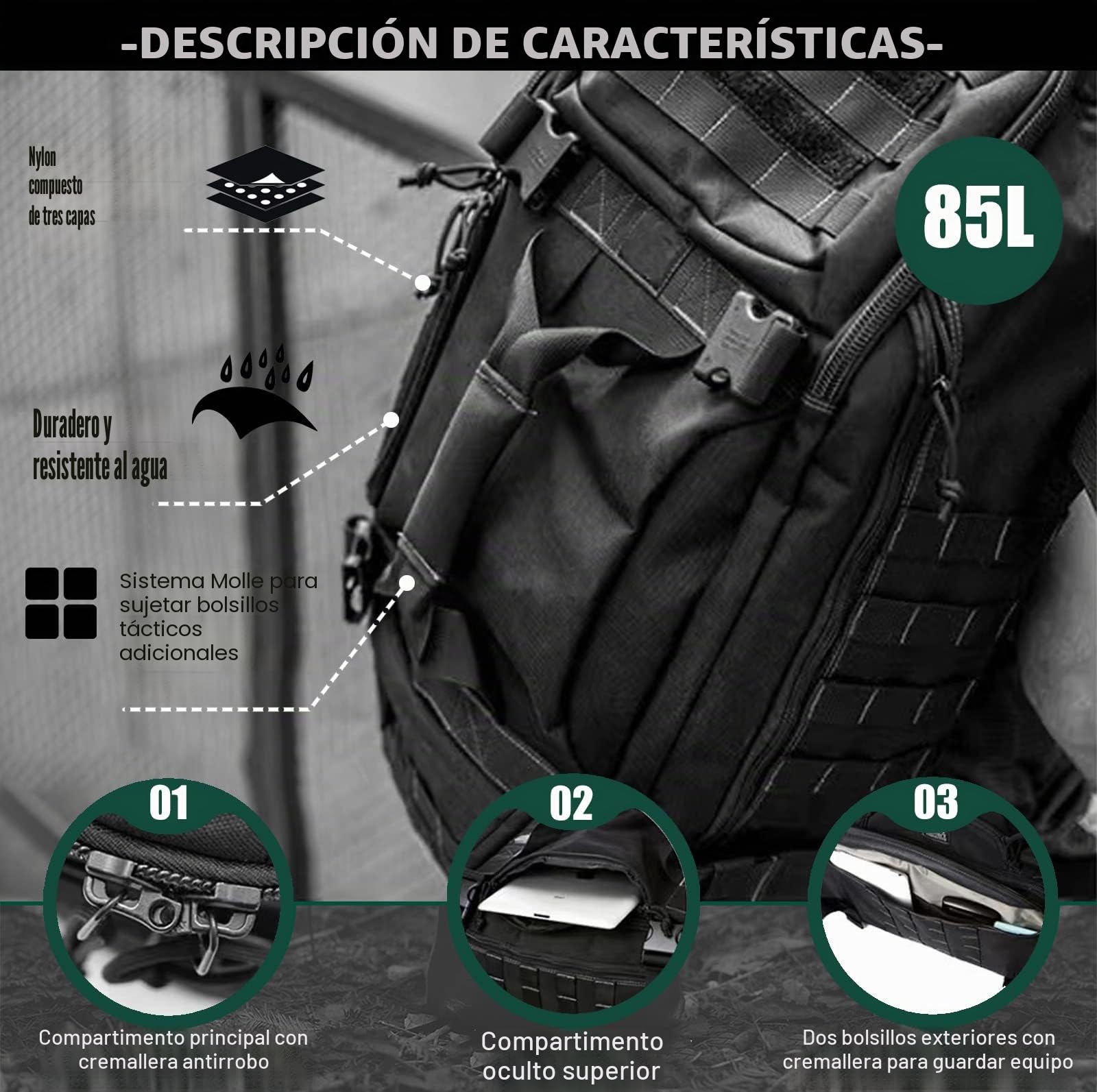 Miramrax Mochila de Viaje para Hombre, Bolsas tácticas Grandes, Bolsa de Gimnasio para Fin de Semana, Viajes nocturnos, Entrenamiento Militar, despliegue Deportivo, Negro, 80L, Bolsa de Lona