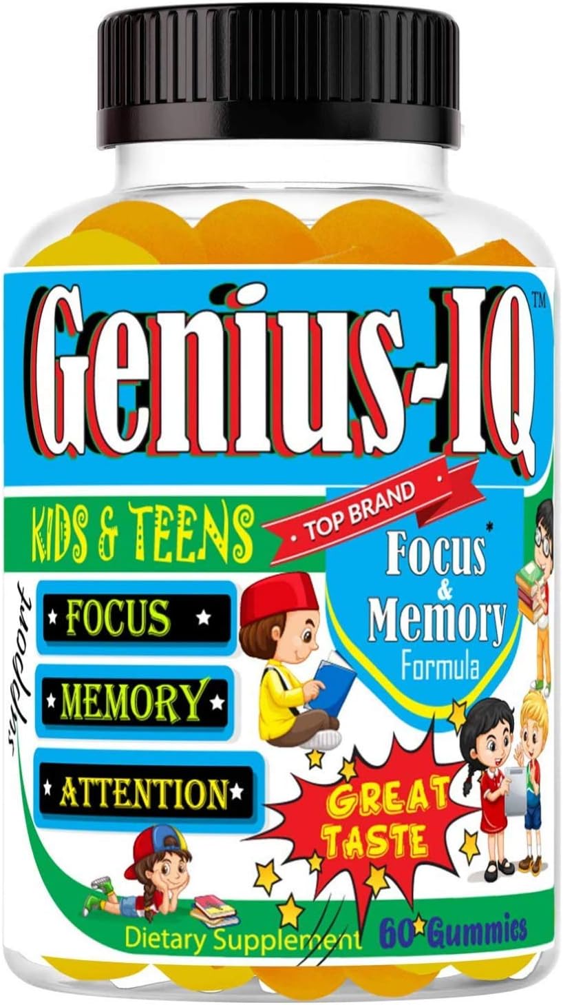 Genius IQ Kids Brain Supplements for Memory and Focus Omega 3-6-9, EPA DHA Gummy Vitamins, Brain Booster Calm Gummies,Supports Concentration, Clarity, Attention and Mood 60 Gummies