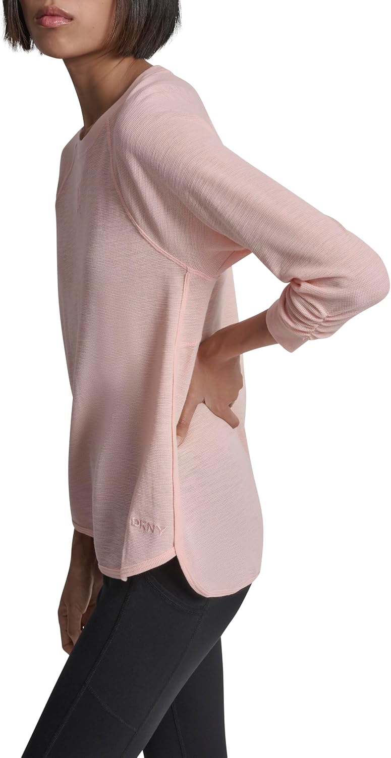 DKNY Women's Mini Waffle 3/4 Sleeve V-Neck Inset T-Shirt