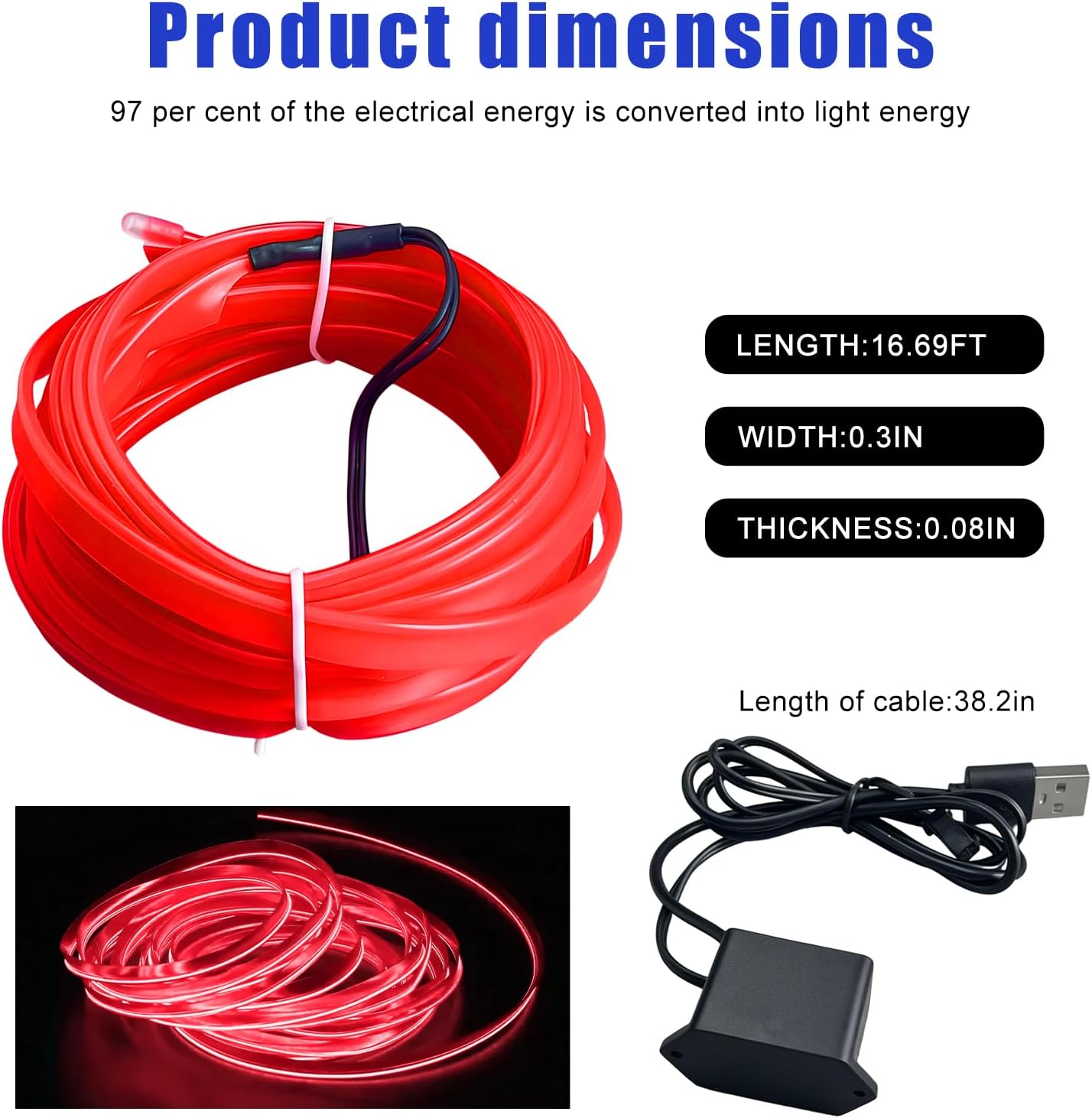EL Wire Interior Car LED Strip Lights, 16.7FT 5V Neon Glowing Strobing Light Strip with Sewing Edge, USB Electroluminescent Wire Stripes Vehicle Ambient Lighting Decorations (Red)