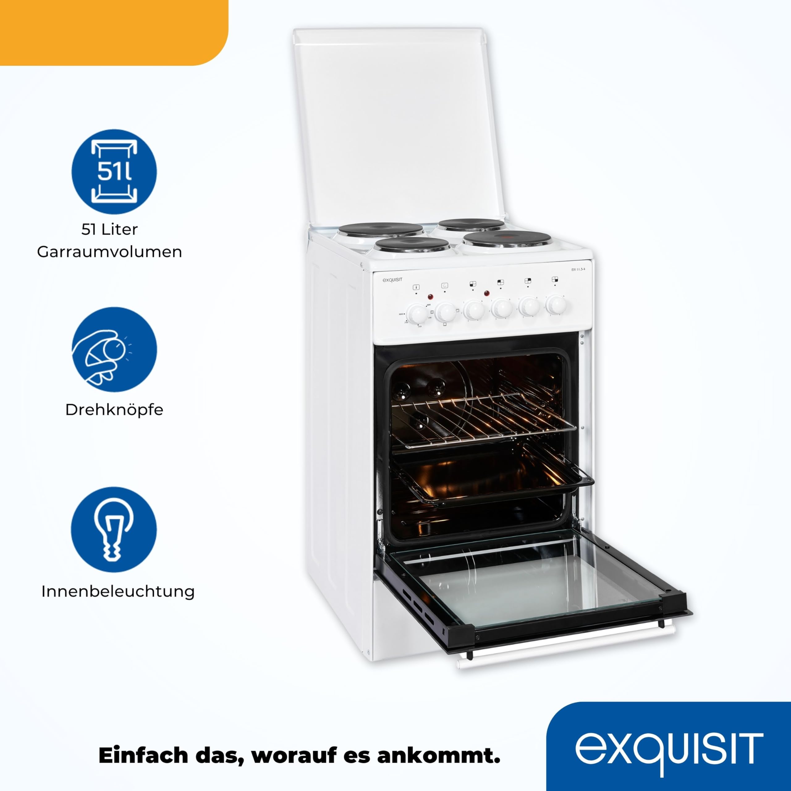 Exquisit Standherd EH 11.3-4 50 cm Elektro-Standherd Masse-Kochfeld 50 L Garraum Weiß