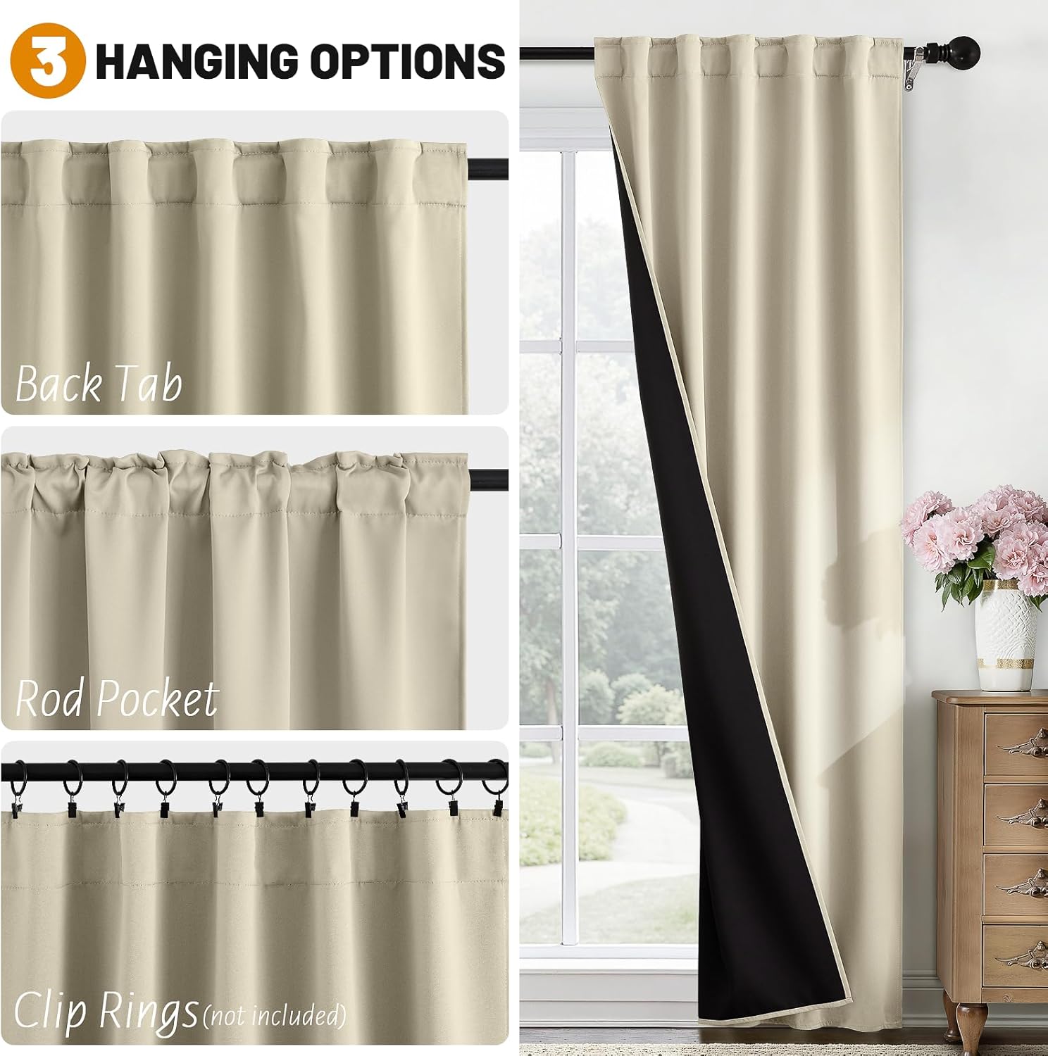 SimpleHome 100% Blackout Curtains for Bedroom,63 Inch Curtains for Living Room Rod Pocket and Back Tab Window Drapes Room Darkening Cream Curtain with Black Back,52 x 63 Inch,2 Panels