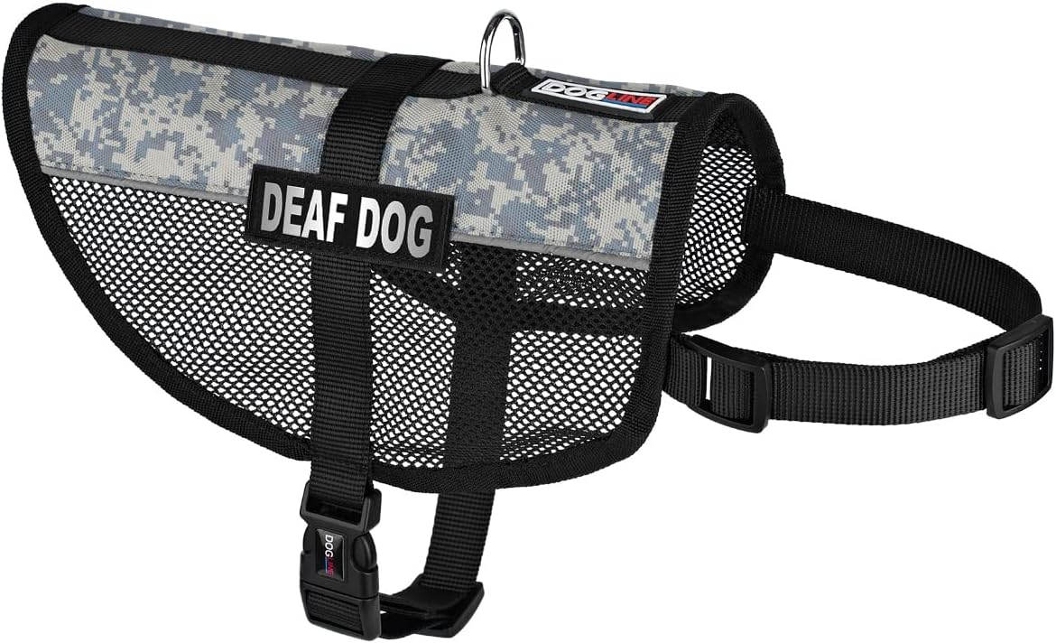 Dogline MaxAire Vest Deaf Dog Removable Patch Adjustable Harness Reflective for Puppies Small Medium and Large Dogs 17 by 21 Inch Girth Urban Camo