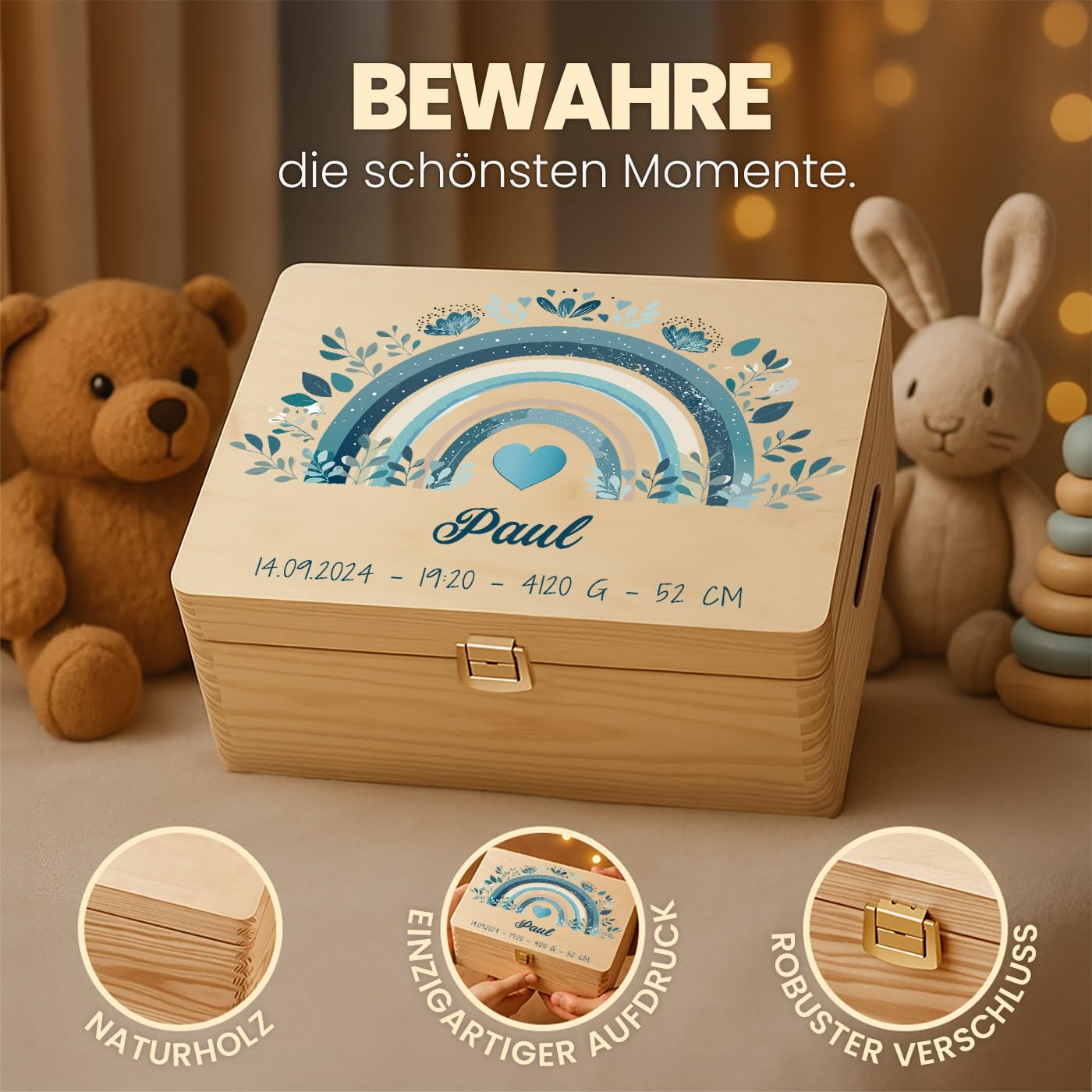 Maverton Erinnerungsbox Baby mit Namen - Aufbewahrungsbox mit Deckel - personalisierte Geschenke Baby - Geschenk für Mädchen und Jungen zur Geburt zur Taufe - aus Kiefernholz