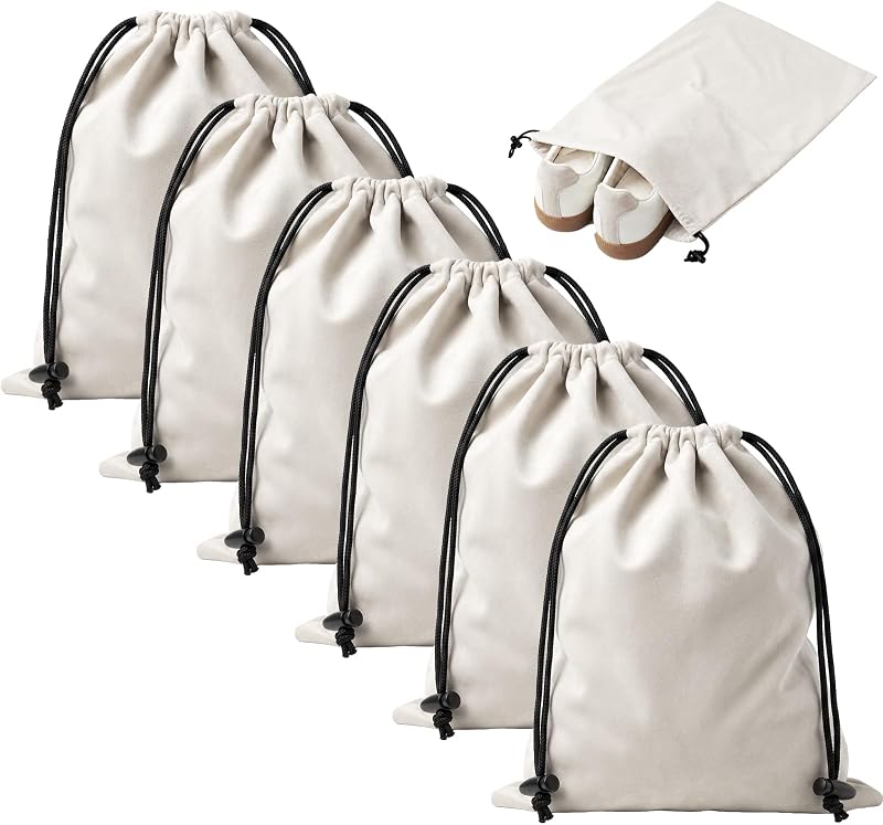 6 PCS Flannel Cloth Shoe Bags for Travel & Packing for Women & Men | 17.7 x 13.8 in | Fits One Pair up to Men's US Size 13 | Drawstring | Dust Resistant | Washable & Reusable | Closet Storage