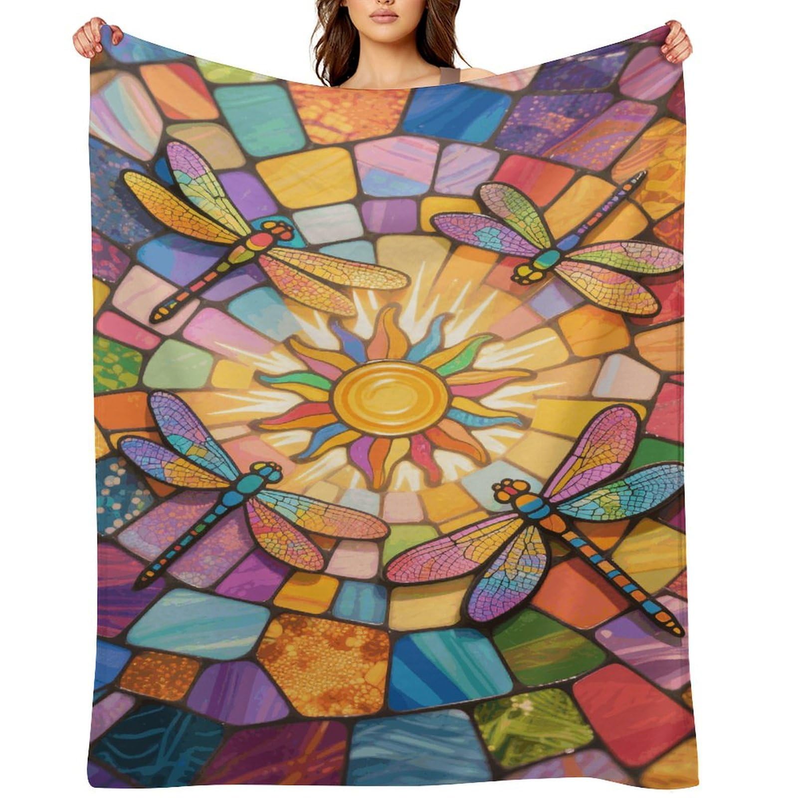 Stained Glass Dragonfly Throw Blanket for Couch and Bed Super Soft Warm Lightweight Throw Blankets Cozy Fuzzy Flannel Blanket Personalized Decorative Blankets for Sofa Decor 50"x60"