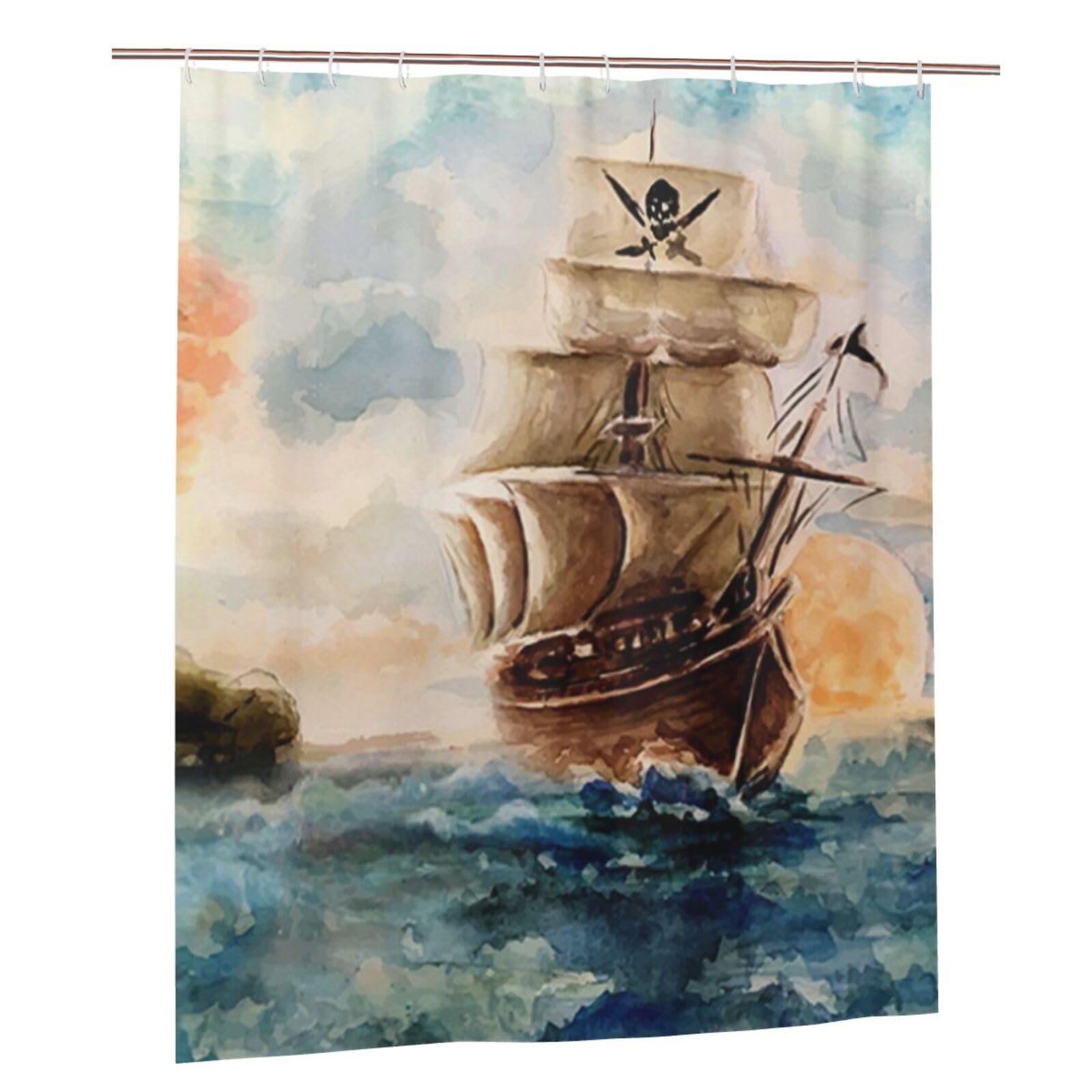 Rideau de douche en tissu 152 x 183 cm imprimé bateau nautique avec crochets
