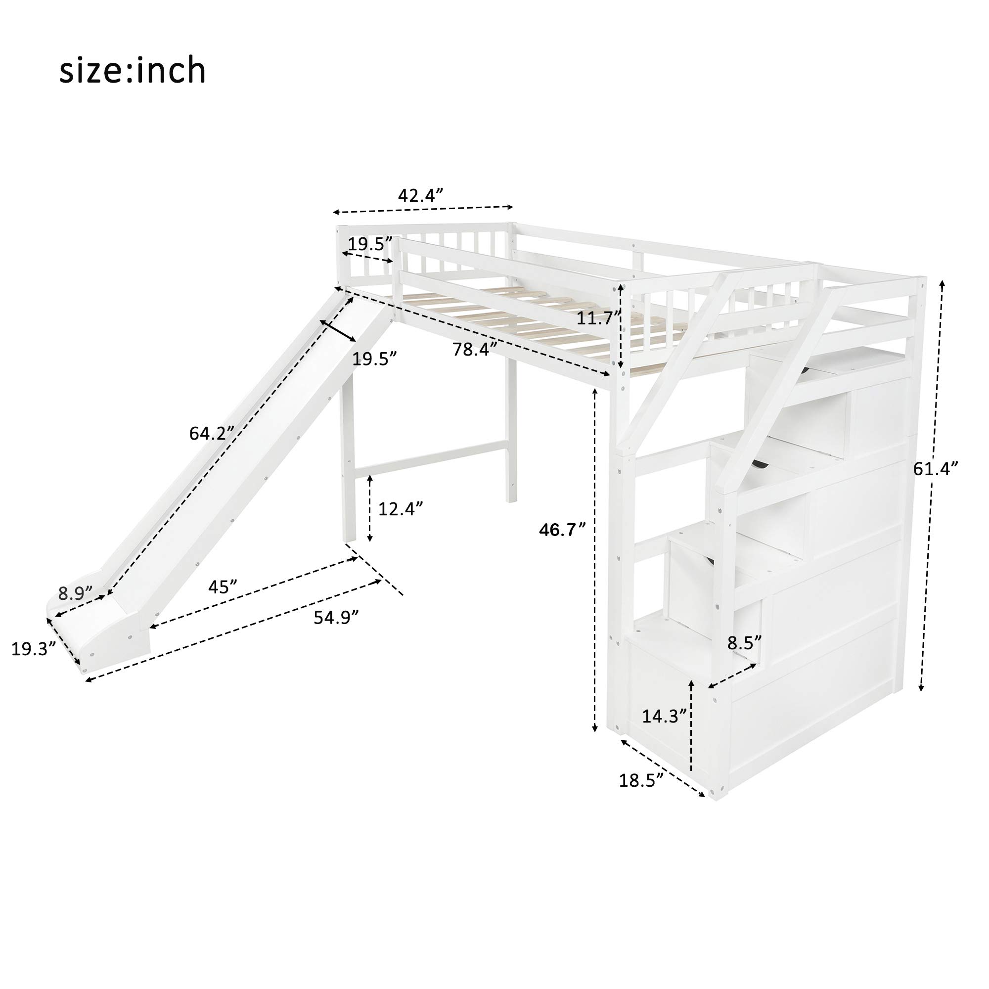 Bellemave Loft Bed with Slide, Kids Wood Twin Loft Bed with 3 Step