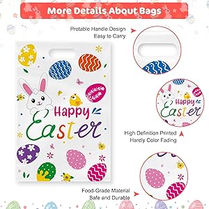 40 Pack Happy Easter Treat Bags, Colorful Easter Gift Bags with Handles, Plastic Easters Eggs Bunny Goodie Candy Tote Favor Bag for Easters Egg Hunt Party Supplies and Gifts Wrapping, 6.5 X 10 inch