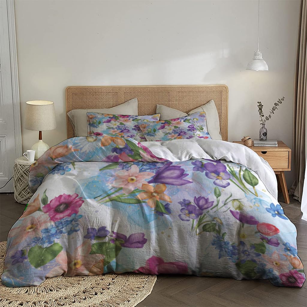 NIBAINLO 布団カバーカラフルな花柄の花 肌に優しい ピーチスキン加工 掛け布団カバー 和式 洋式 あったか 布団カバーセット リバーシブル ホームステイ ホテル 家庭兼用