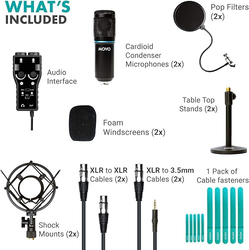 Miniatura 2 de Movo Kit de grabación de podcast para teléfonos inteligentes, paquete de 2 micrófonos de condensador, 2 soportes de micrófono de escritorio, 2