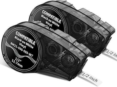 MarkDomain Cinta de etiquetas compatible con M21-500-595-WT de 12 pulgada de vinilo negro sobre blanco para todo tipo de clima, funciona con