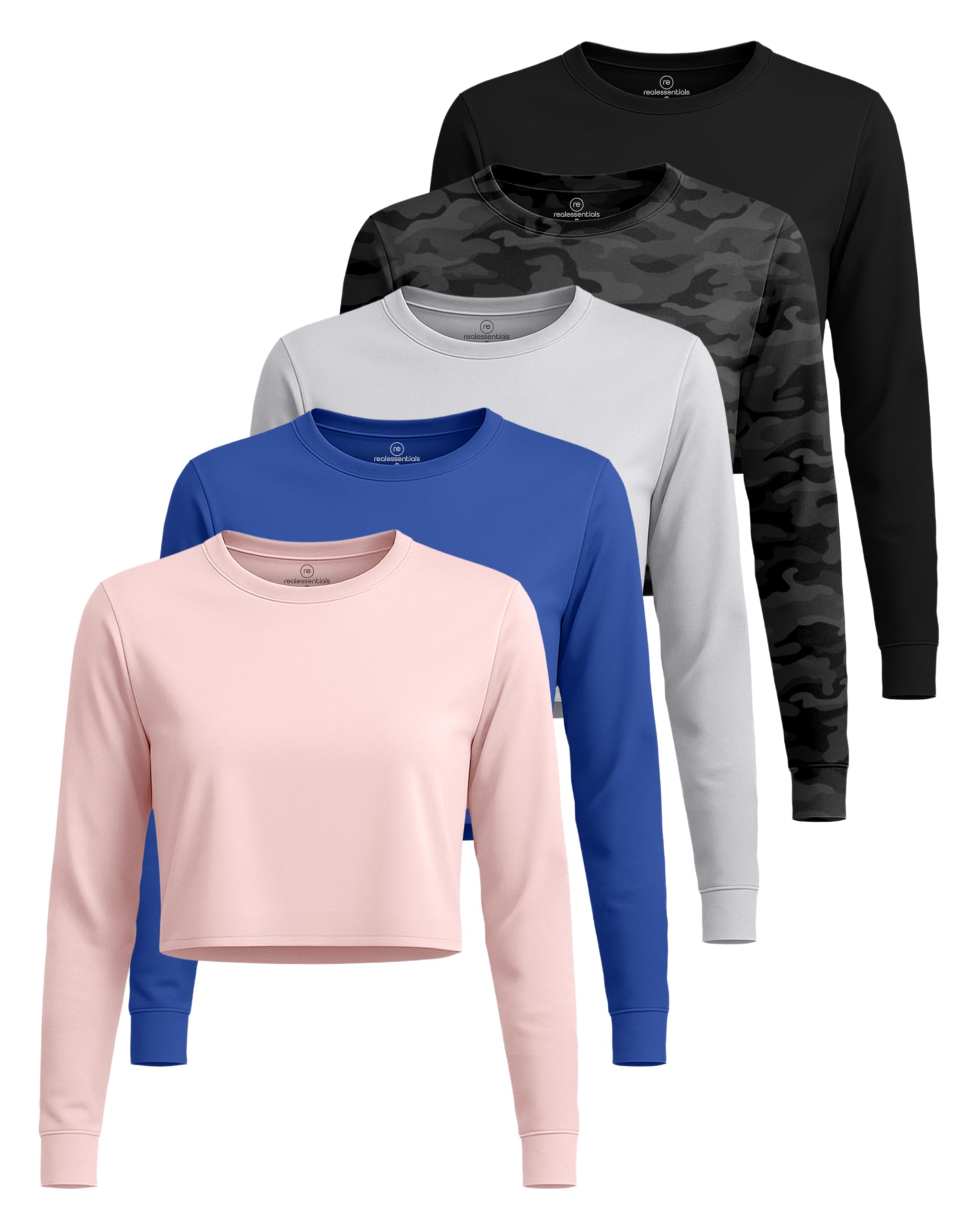 Real Essentials 5 Pack: Women's Dry-Fit Long Sleeve Crop Top - Running Workout Gym Athletic Crew Neck Shirt (Plus Available)