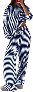 Striped Sets for Women 2 Piece Outfits Fall Winter Oversized Loungewear Crewneck Tops Drawstring Wide Leg Pant Sets