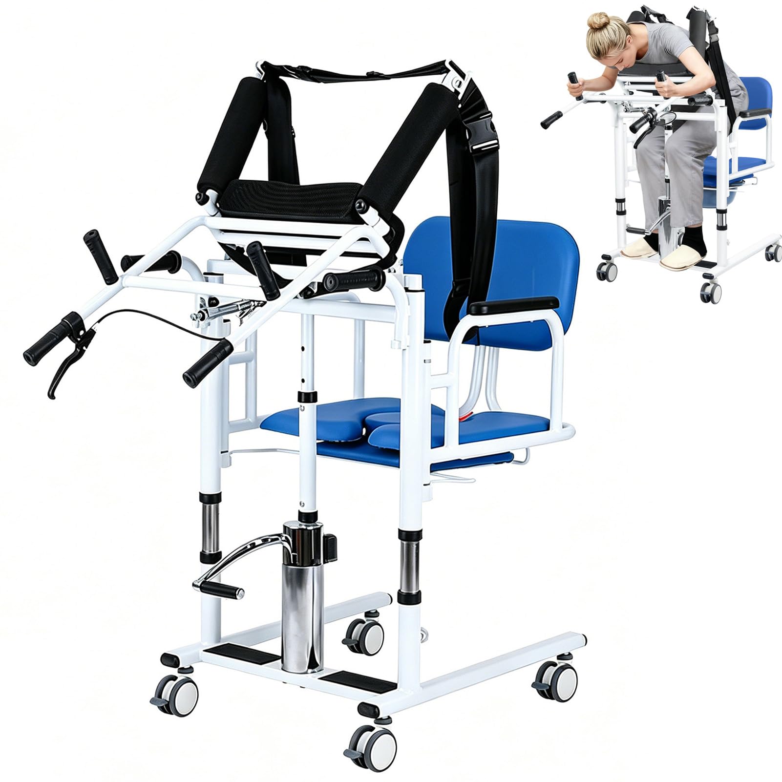 SULQING Portable Hydraulic Patient Lift Wheelchair, Hydraulic Patient Lift Transfer Chair 4-in-1 Adjustable Lifting Mobility Aid for Elderly, with Split Seat, Potty & 440lbs Capacity for Home