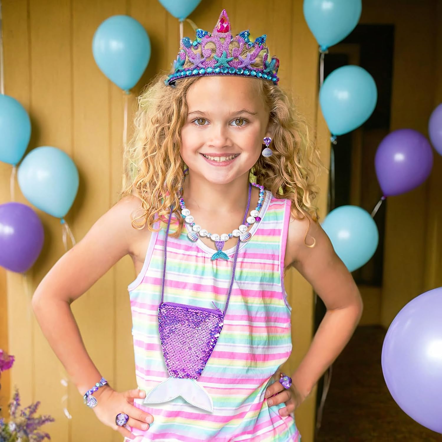 Mermaid Jewelry for Girls Mermaid Crown Fake Pearl Necklace Bracelet Purse Ring Shell Earrings Mermaid Accessories Set Princess Party Dress Up Pretend Play Christmas Birthday Gift - Image 7