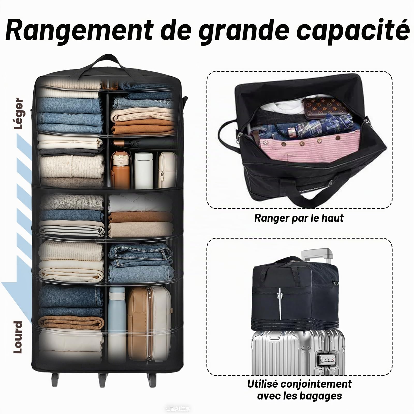Sac de Voyage Pliable à roulettes, 110cm Extensible Sac Voyage Grande Taille avec roulettes et Bandoulière, Rangement pour Homme Femme 110 x 52 x 30 cm