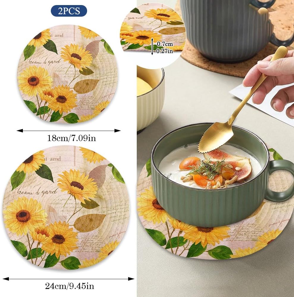 Sunflowers Trivets for Hot Dishes Pots and Pans Potholders Woven Trivet Cotton Round Large Pot Holder Decor Heat Resistant Hot Pads Mat for Table Counter Cooking Potholder Set of 2