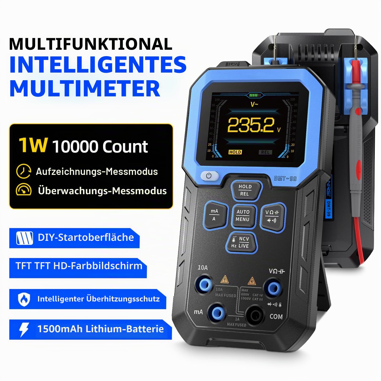 Digital Multimeter, Multifunktionales Multimeter Intelligentes Voltmeter 10000 Zähler Automatische Diagnose Spannungsprüfer Misst AC/DC Voltage Widerstand（DMT-99）