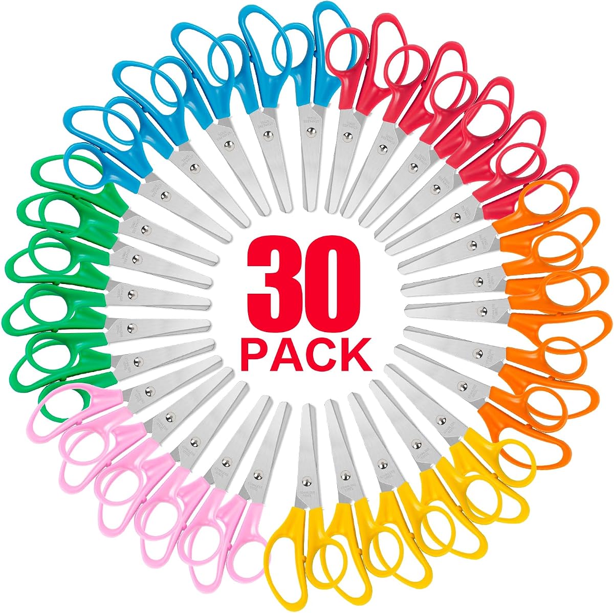 Paquete de 30 tijeras para niños, tijeras de 5 pulgadas a granel para la escuela, tijeras de punta roma para niños estudiantes maestros, tijeras de seguridad para niños para preescolar, aula, oficina, hogar, suministros escolares, papel de corte artesanal