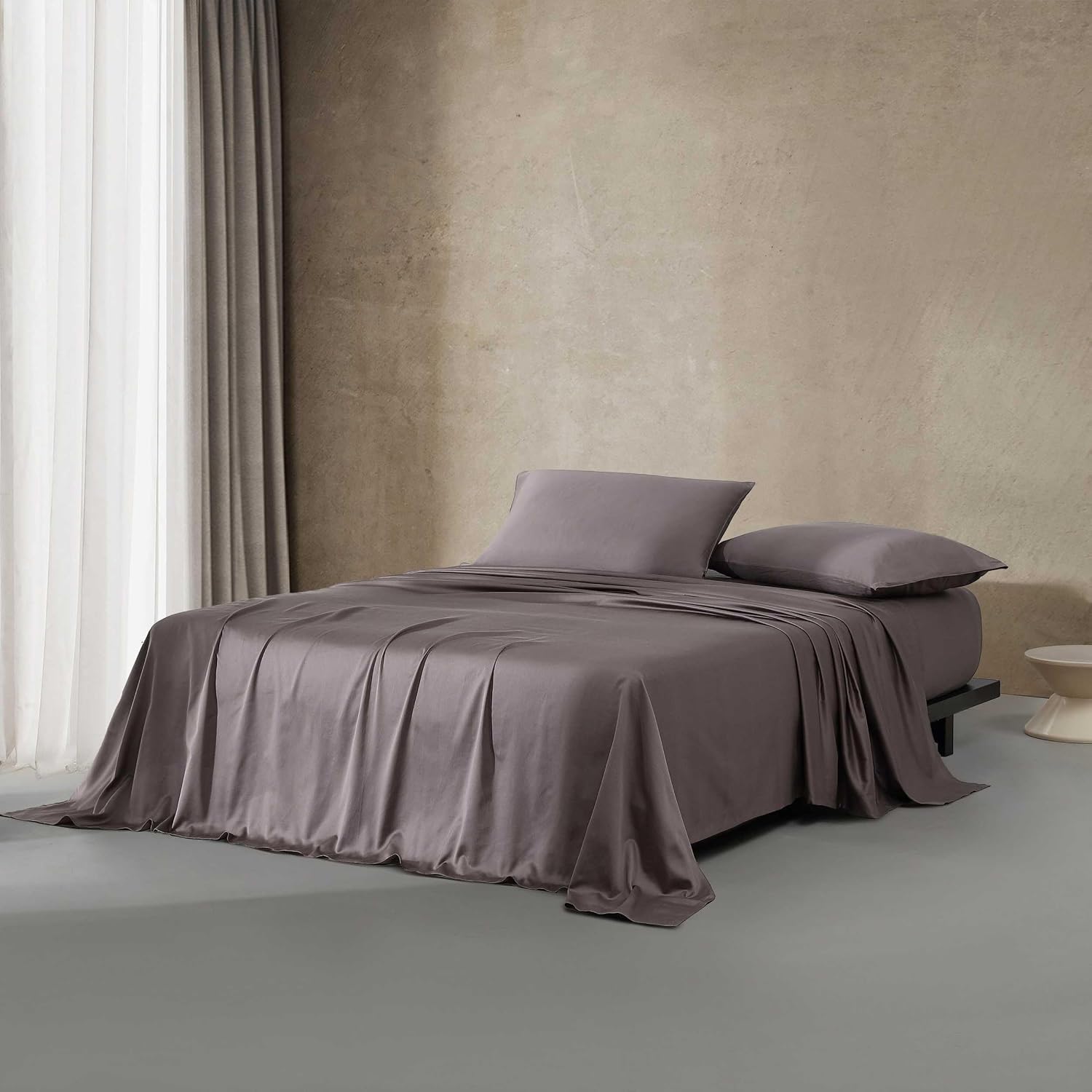 Calvin Klein - King Bed Sheets, Cotton Sateen Bedding Set with Soft Sheen, Deep Pocket Sheet Set (Pearl Edge Plum, King)