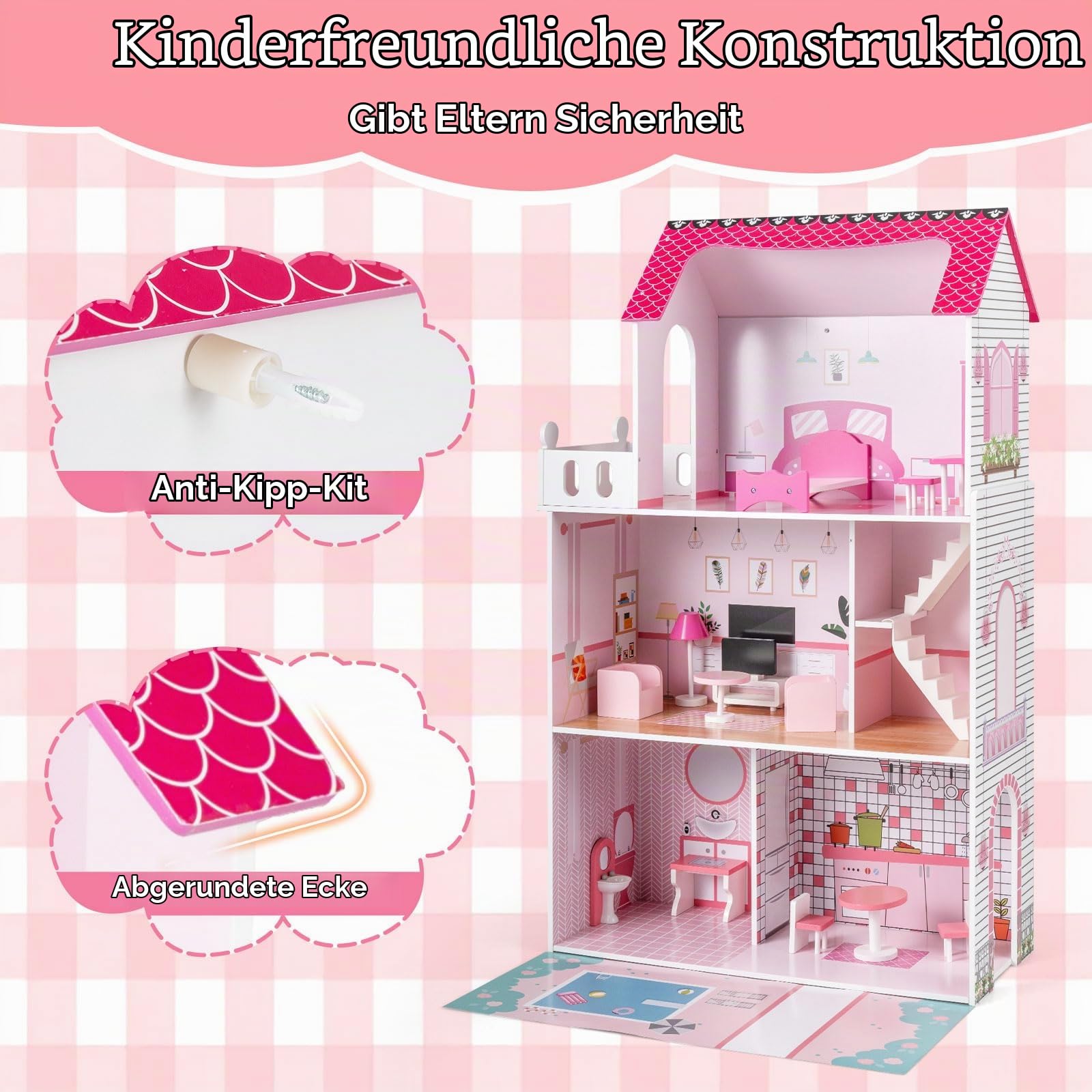 FANTASK Holz Puppenhaus 120,5 cm Hoch, Puppenvilla mit 3 Etagen & 17 Möbelstücken, Spielhaus für Mädchen und Jungen ab 2 Jahren, 73 x 34 x 120,5 cm (Rosa)