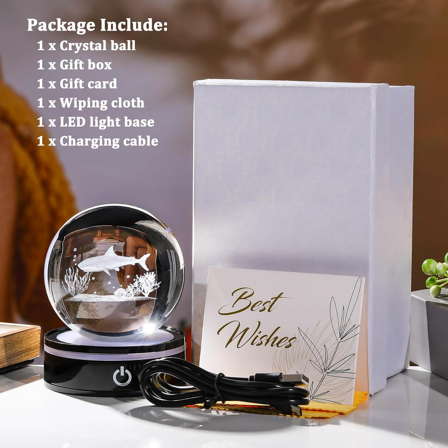 YWHL 3D Shark Figurine Crystal Ball with Colorful Light Base, Shark Gifts for Women Men Shark Lovers on Christmas Birthday, 3D Laser Engraved Shark Sphere Glass Ball for Home Office Decoration (80mm) - Image 6