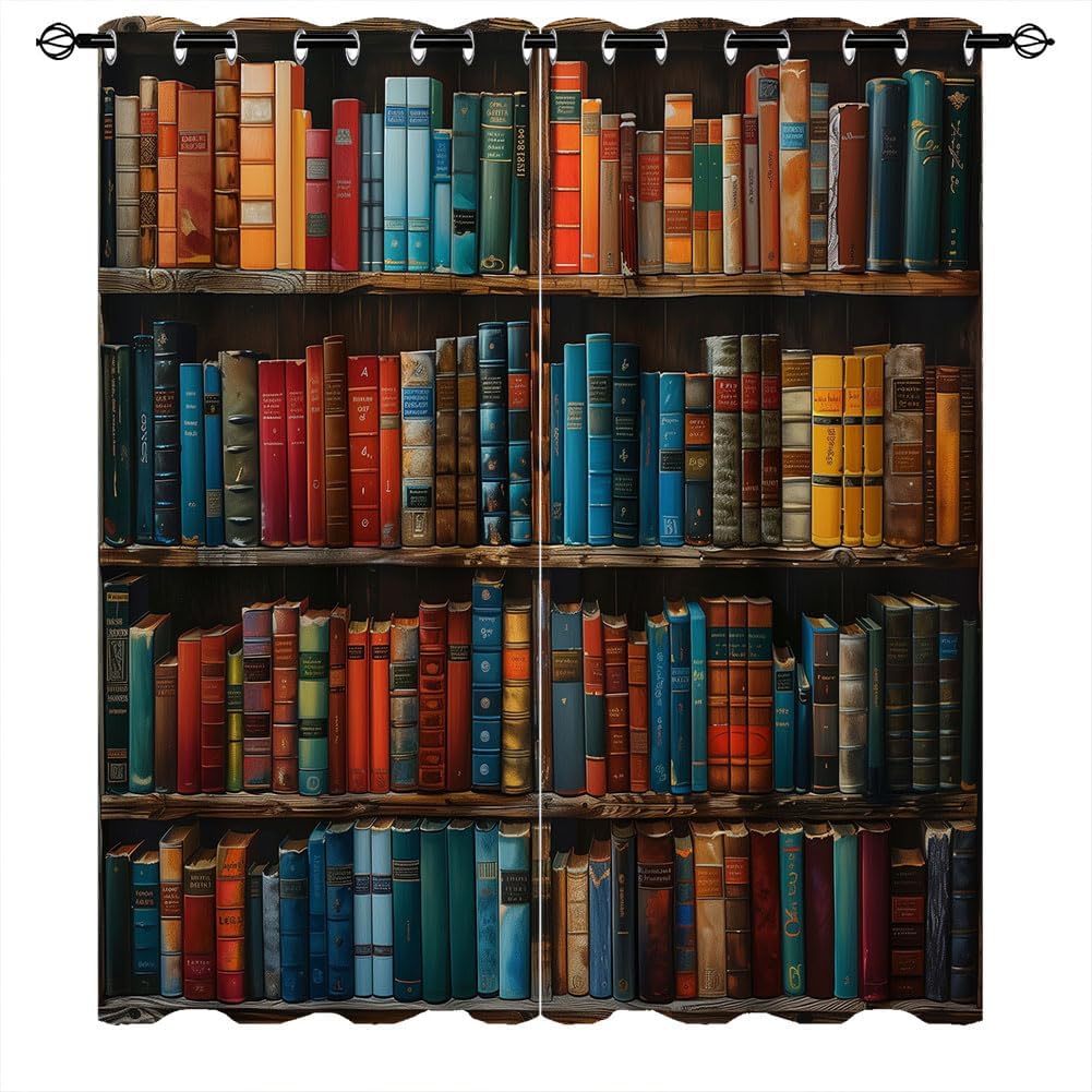 Bookshelf Blackout Curtains for Kid Girls Boys Bedroom, Bookcase Recording Library Book Store Grommet Thermal Insulated Darkening Curtains for Bedroom Living Room, 42Wx63L inch