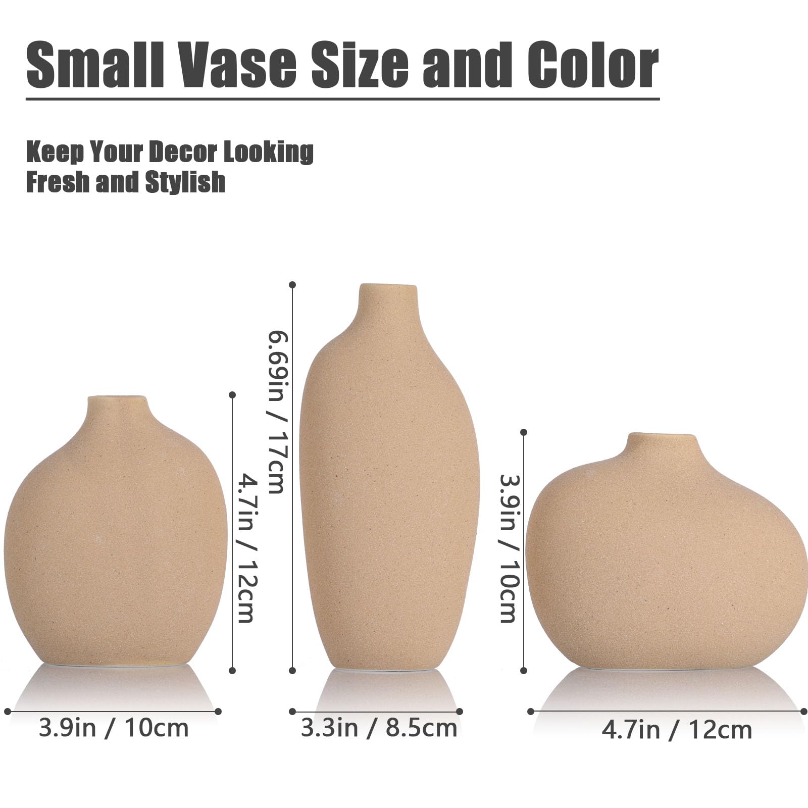 Small Ceramic Vase Set of 3,Bulk Mini Bud Vases for Flowers and Pampas Grass,Cute Boho Ellipse Home Decor for Coffee Table Centerpieces,Living Room,Office,Bookshelf,Entryway Decor (Tan) - Image 2