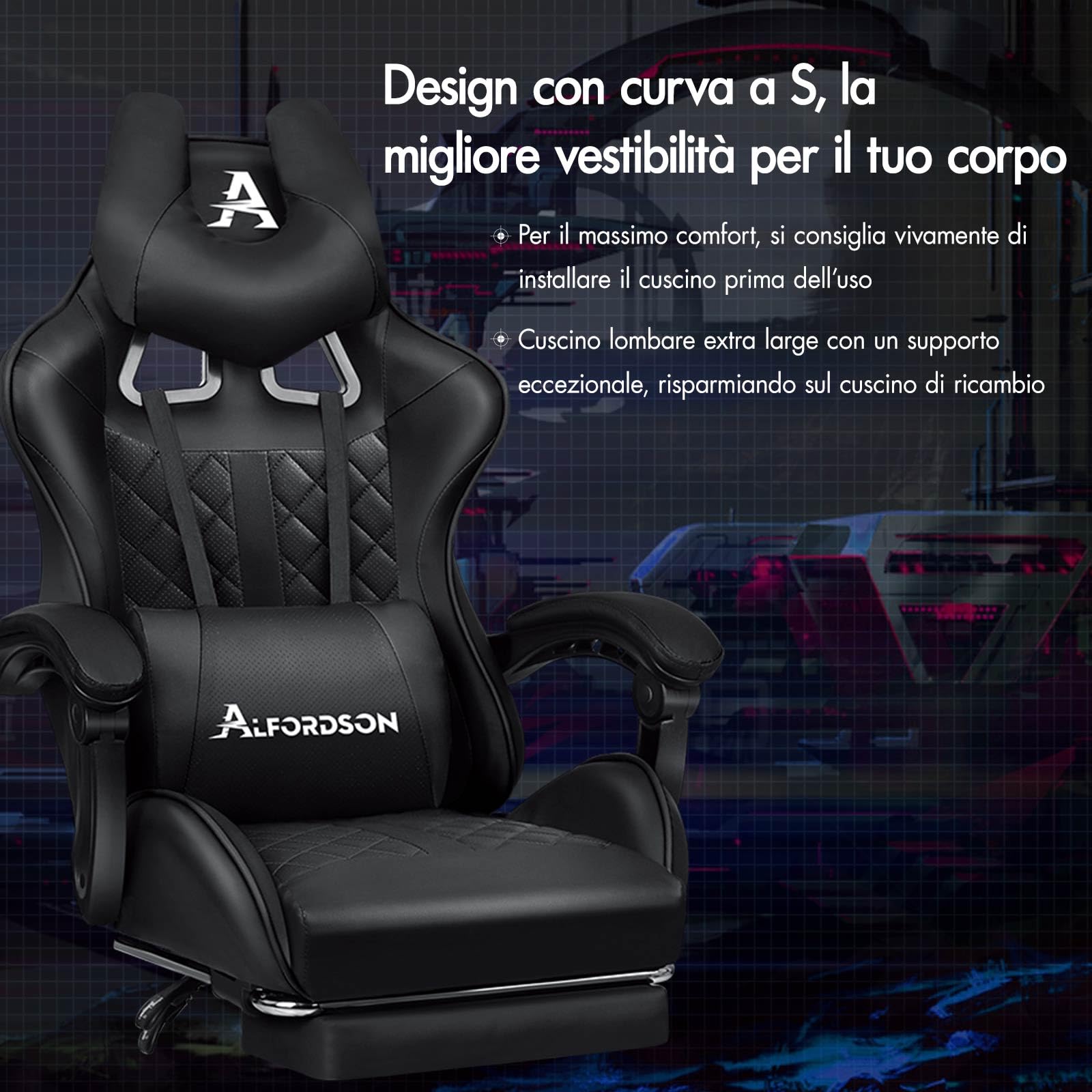 ALFORDSON Sedia Gaming Ergonomica Reclinabile, Con Massaggio e Cuscino Lombare,Sedia Ufficio con Cervicale e Poggiapiedi Retrattile,Altezza Regolabile,Poltrona GamerReclinabile 150°, Similpelle(Nera)