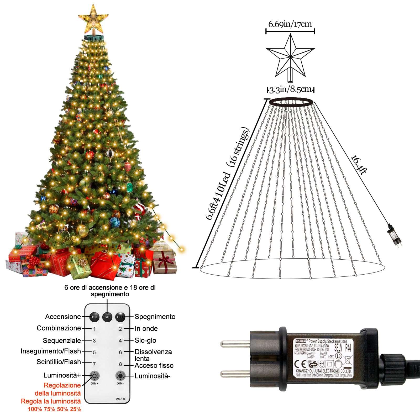 410 LED Luci Albero di Natale, 8 Modalità 2Mx16 Fili Mantello Luci per Albero di Natale a Cascata con Star Topper， Impermeabile Luminarie Natalizie con Telecomando per Interno Esterno Decorazioni | 8 Modalità luminose, Impermeabile Luminarie Natalizie con