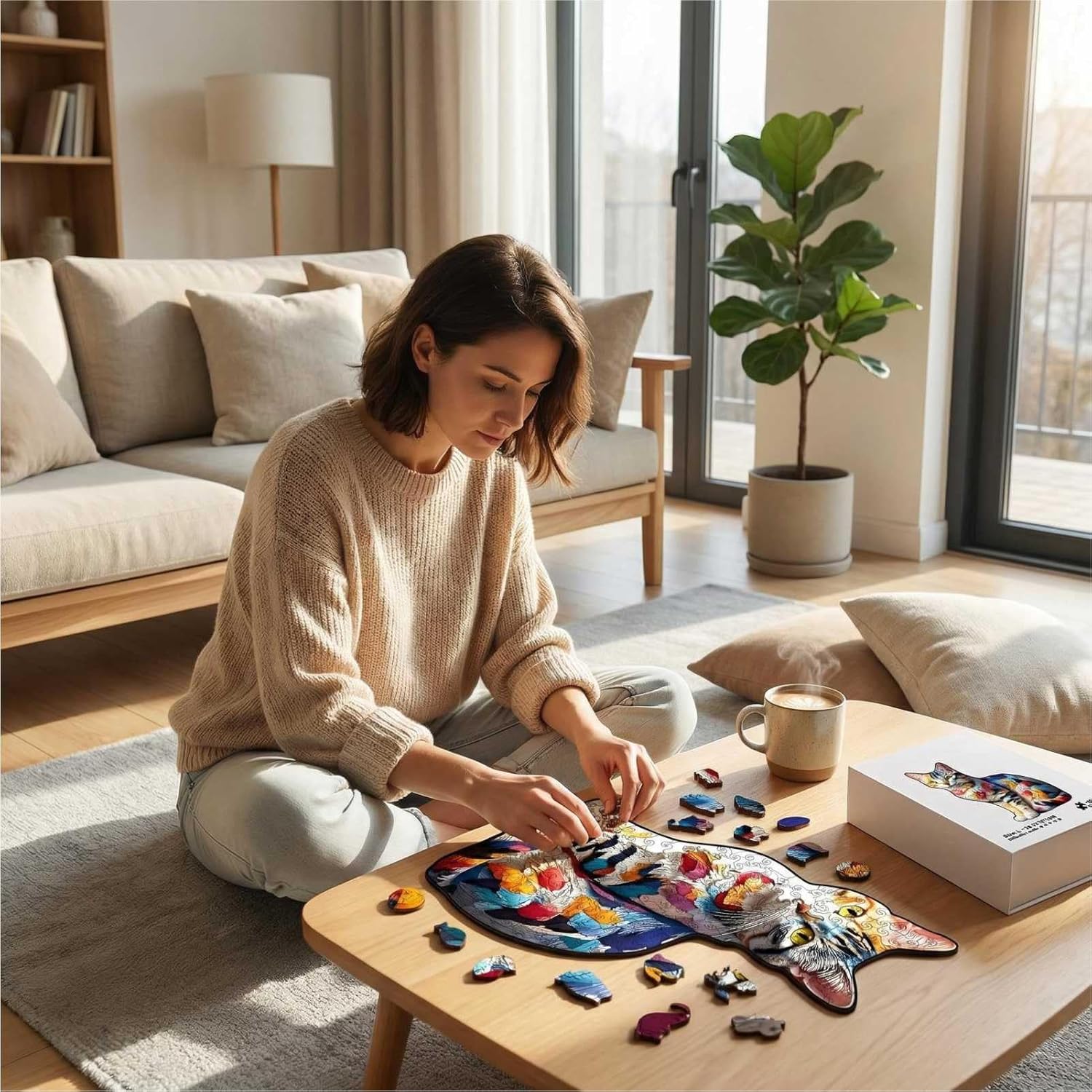 Colorful Cat Wooden Puzzles for Adults, Medium Difficulty Irregular Cat-Shape Jigsaw Puzzles, Stress Relief, Creative Gifts for Family and Friends (L 10.3 * 7.7 inch)