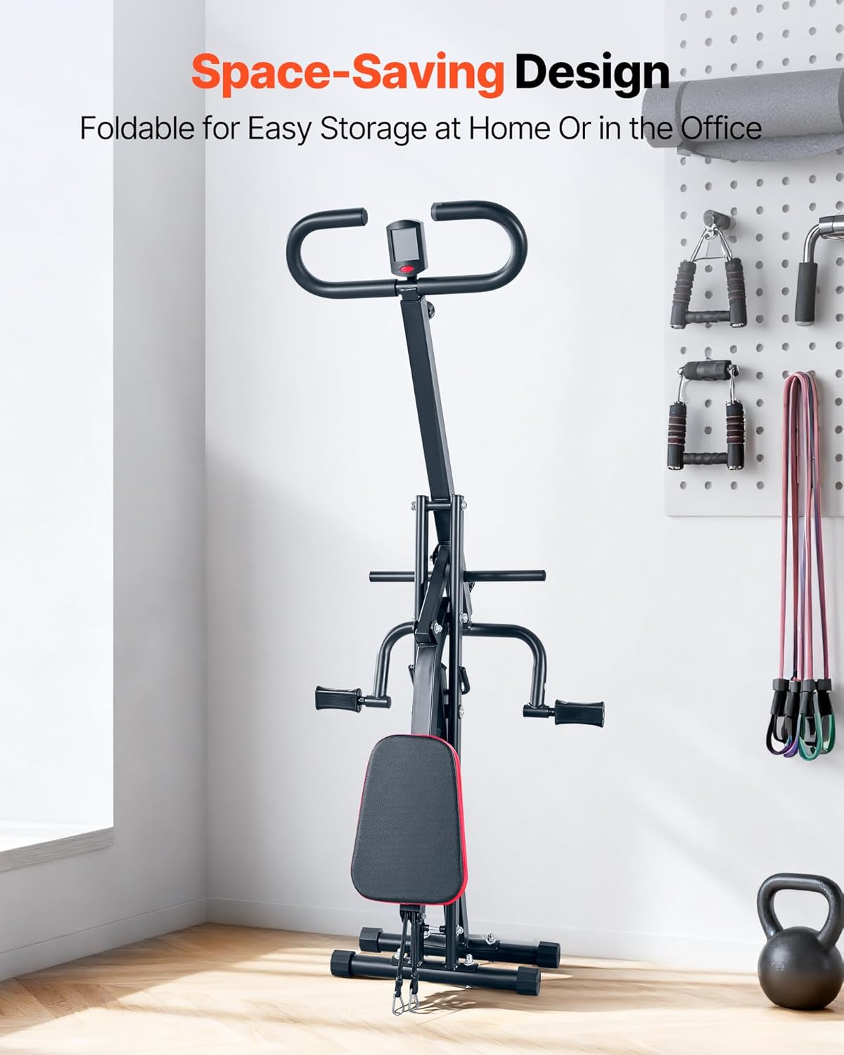 The VEVOR Squat Machine in its folded, upright position, demonstrating its space-saving design for easy storage.