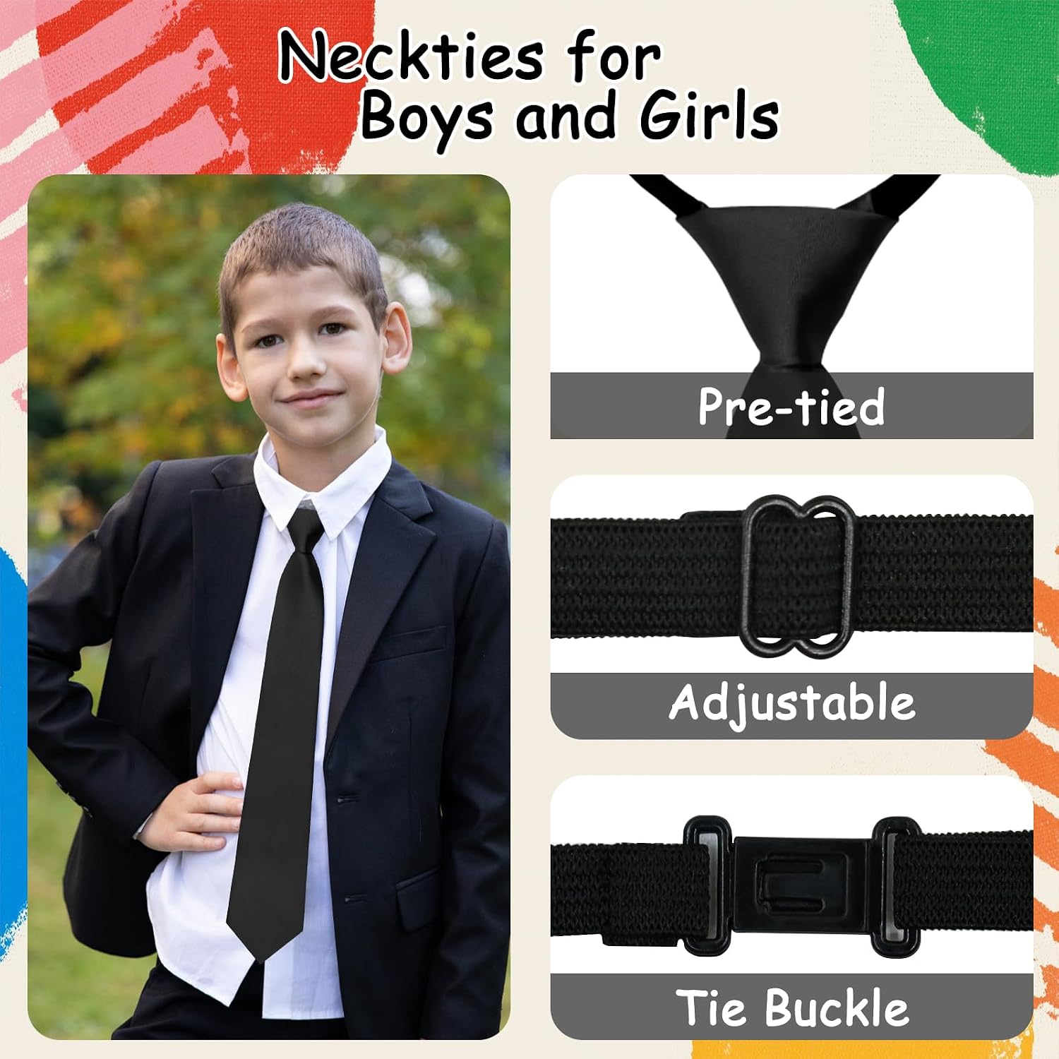 Ties for Boys Kids Neckties Pre-tied Adjustable Zipper Skinny Neckties for School Uniforms Graduation