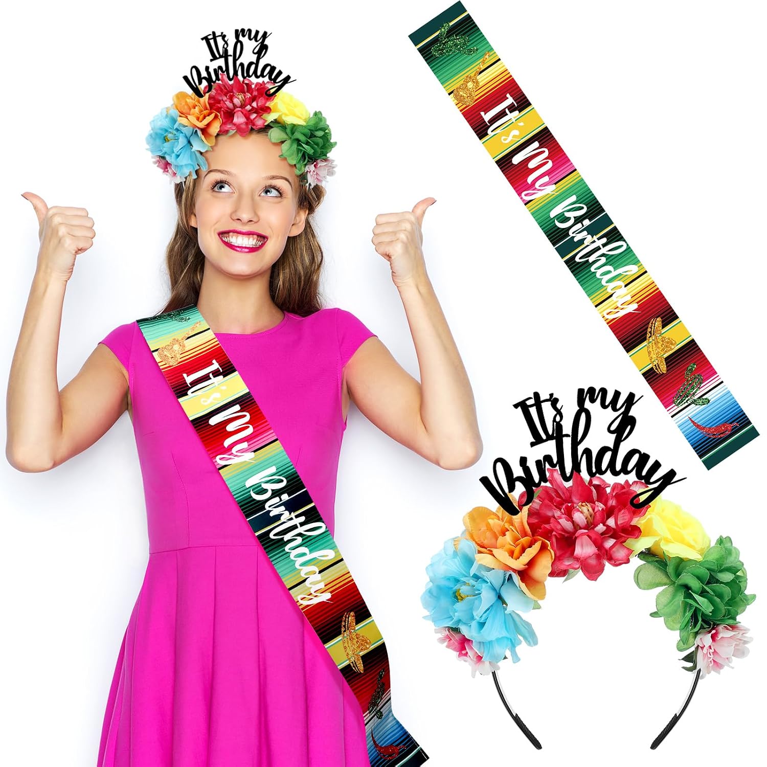 Hoteam 2 Pcs It's My Birthday Headband and Sash Mexican Flower Crown Fiesta