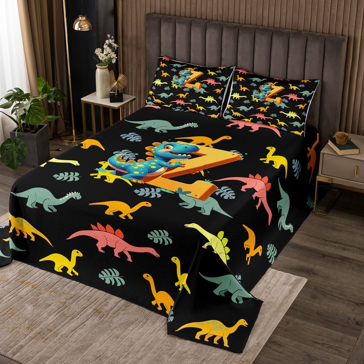 Feelyou Kids Cute Cartoon Dinosaur Bedspread Twin Size Personalized Initial Z Coverlet Set for Boys Girls Kawaii Jungle Dino Funny Alphabet Pattern Quilted Coverlet Room Decor