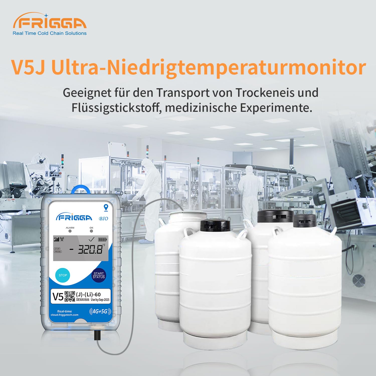 Frigga V5J 4G/5G Echtzeit-Temperatur-Datenlogger mit extra niedrigem externem Fühler Einmalig 28800 Punkte Digitaler Temperatur-Fernschreiber 60 Tage für Trockeneis Flüssigstickstoff-Transport