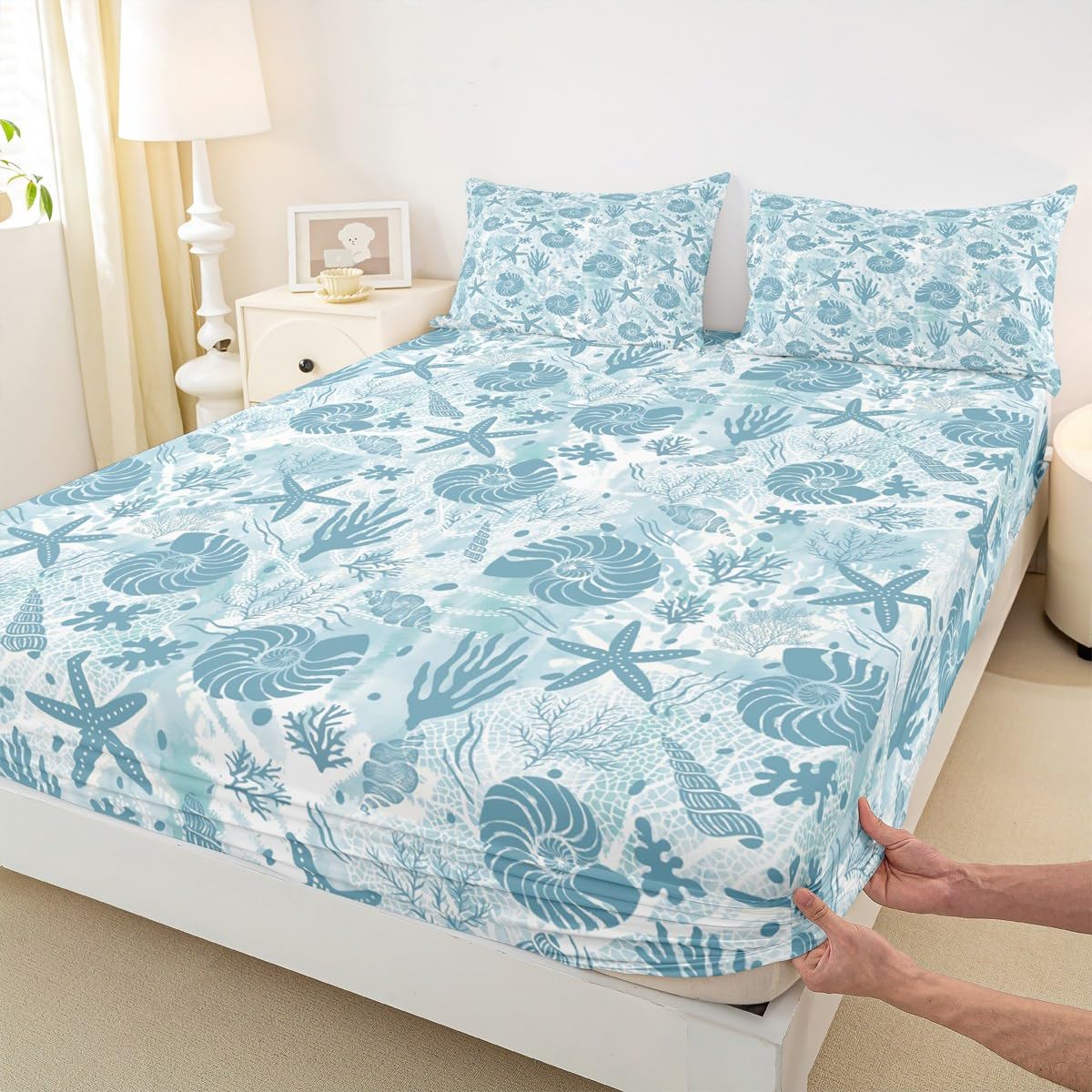 Seashell Conch Starfish Coral Fitted Sheet Queen Size,Coastal Ocean Beach Bedding Set 3Pcs,Underwater Life Print Bed Sheet Navy Blue Tie Dye Deep