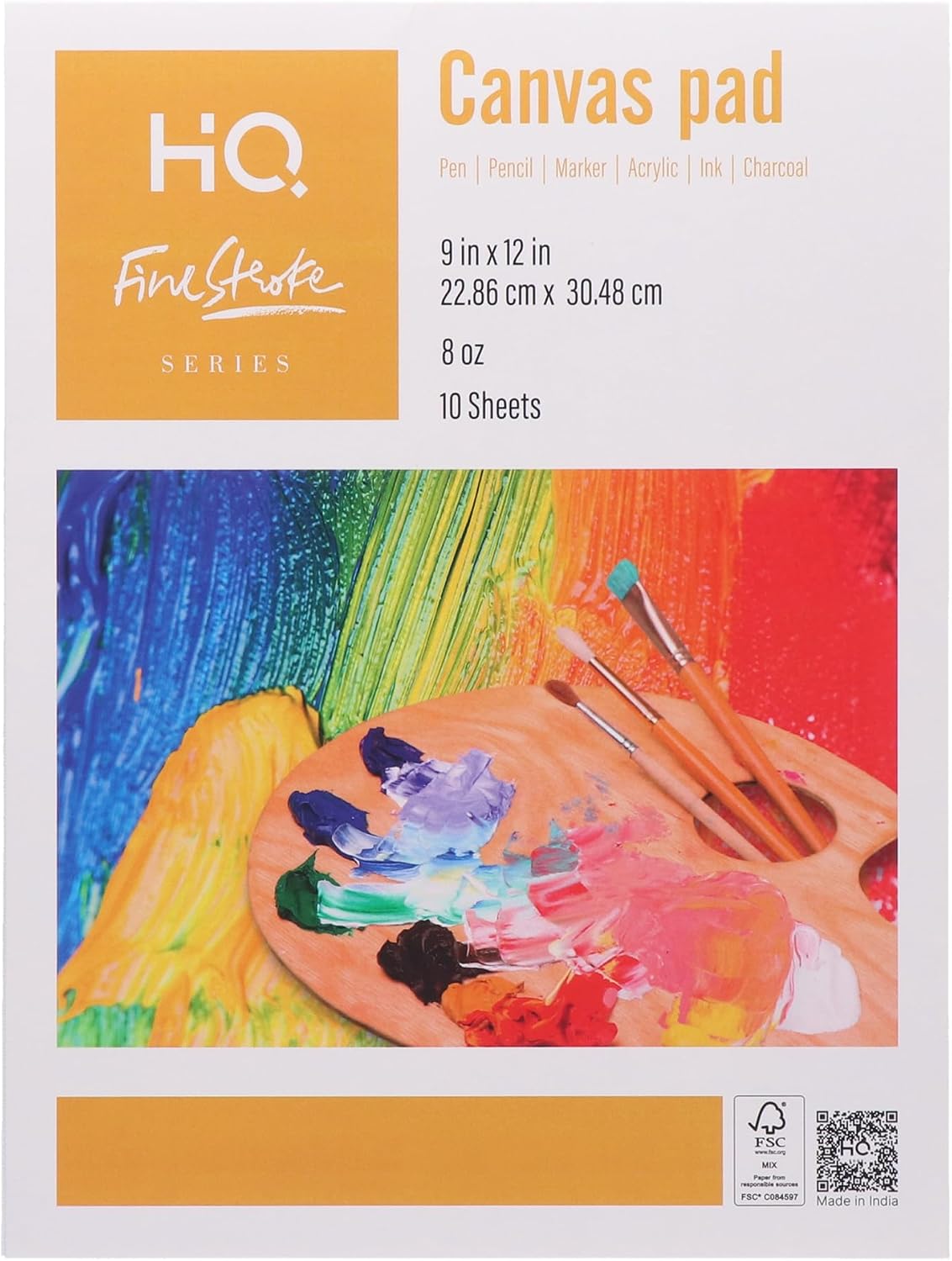 HQ Finestroke Canvas Pad, 9 x 12 Inches, 100% Cotton 8 oz Canvas Sheets, 10 Sheets, Acrylic and Oil Painting Pad