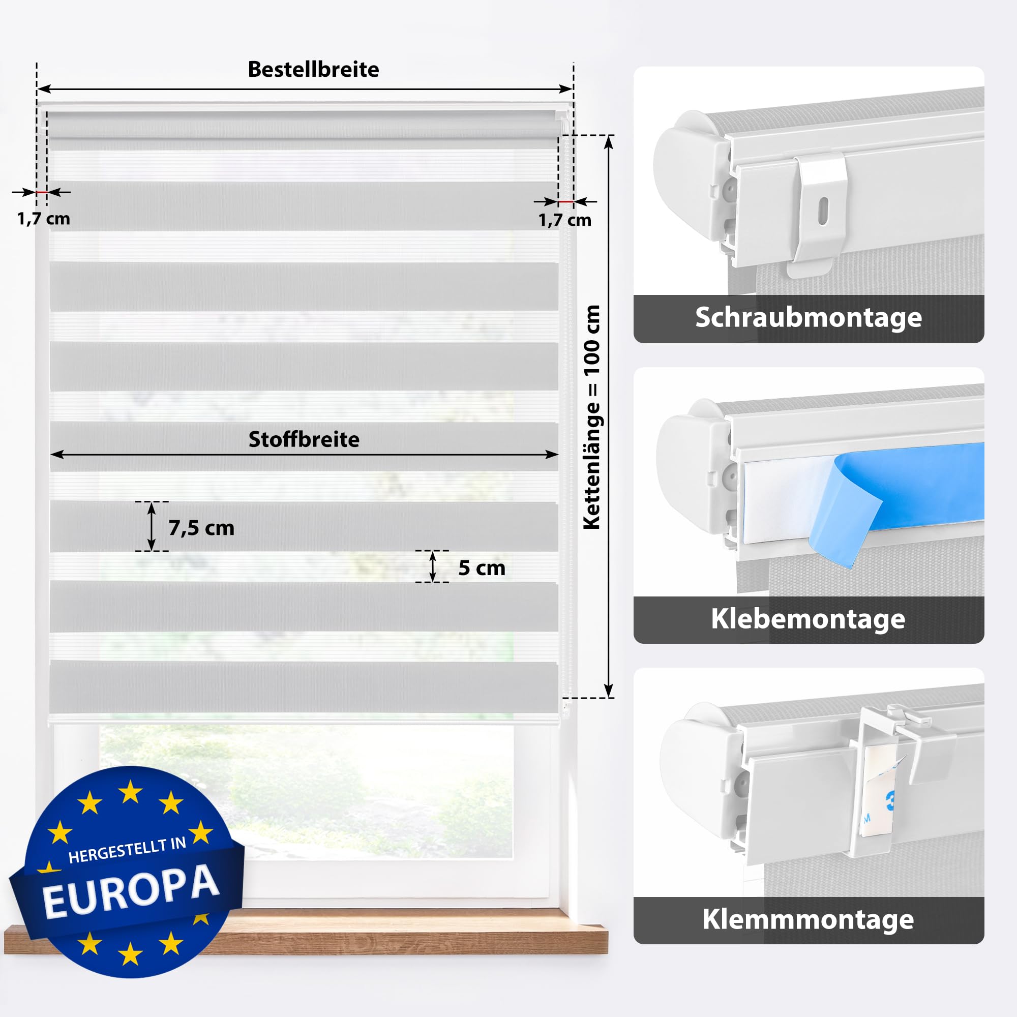 Jalousiescout Doppelrollo Klemmfix ohne Bohren & mit Bohren, 130x210cm Hellgrau Rollo Fensterrollo lichtdurchlässig, Sonnenschutzrollo Zebrarollo für Fenster & Türen