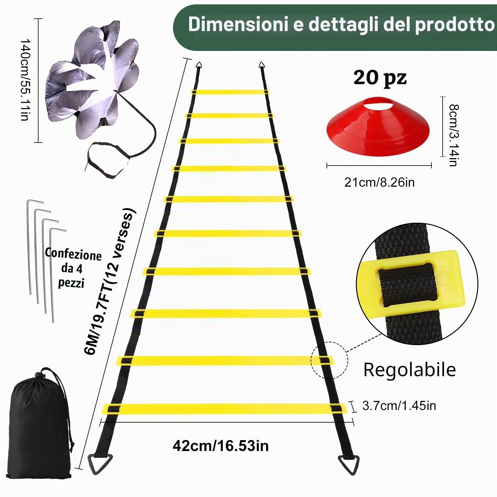 Kit Allenamento Calcio, Accessori per l'allenamento di Calcio con Agility Ladder 6m, 20 Cinesini, Paracadute Allenamento, Borsa da Trasporto per Regalo Calcio per Bambini