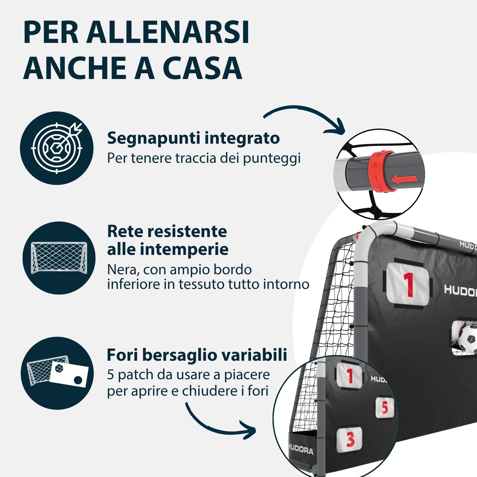 HUDORA Porta da calcio RoCo con cancello (2 in 1) – Sistema Targetshot flessibile – resistente alle intemperie, pieghevole e stabile – per bambini e adulti – con contatore di punti e aperture