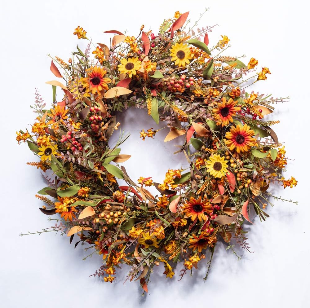 JINGHONG Fall Wreaths for Front Door 24 Inch Artificial Fall Wreath Large Autumn Wreath for Outside Wall Porch Harvest Thanksgiving Day Celebration