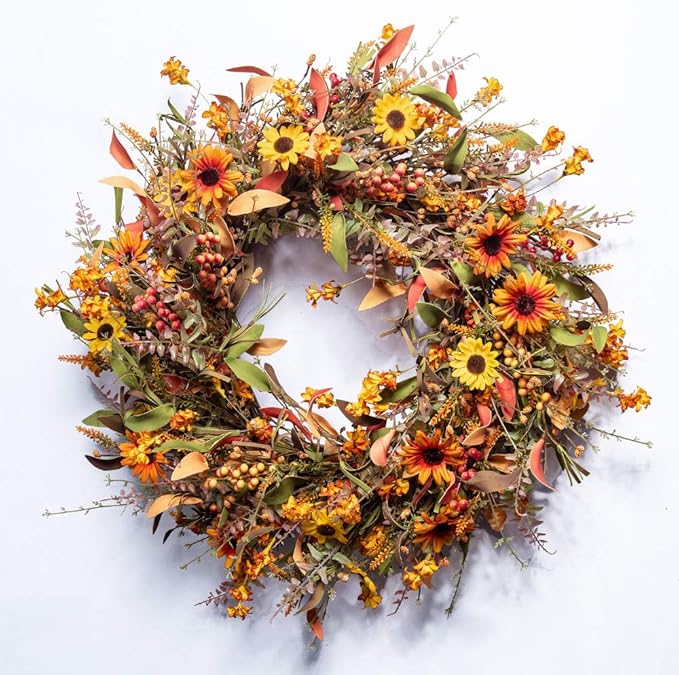 Fall Wreaths for Front Door 24 Inch Artificial Fall Wreath Large Autumn Wreath for Outside Harvest Thanksgiving Day Celebration