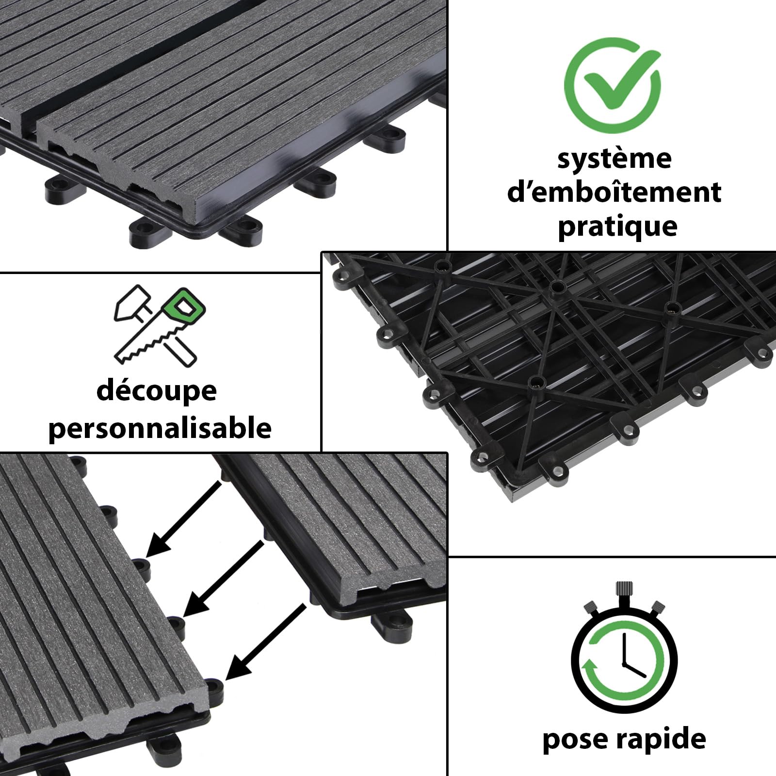 Montafox Dalles WPC 30x30 cm Clipsables Aspect Bois Terrasse Balcon Jardin