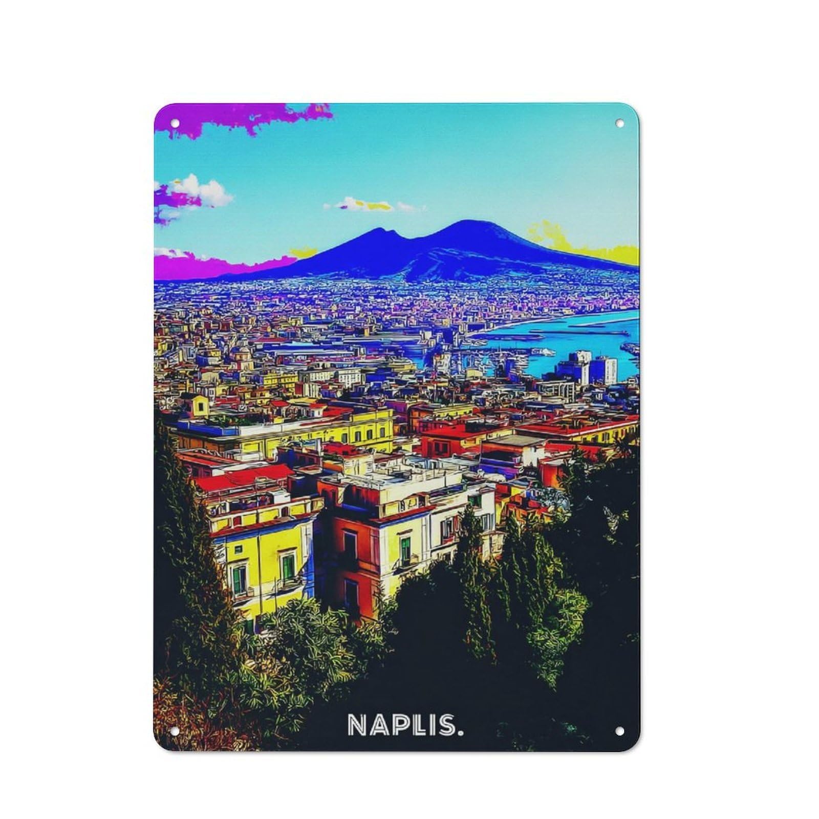 Junmoney Vibrant Naples Cityscape With Mount Vesuvius Retro Metal Plaque 40X30cm For Guest Room Or Hallway, Housewarming Present For People Styling Guest Room And Hallway