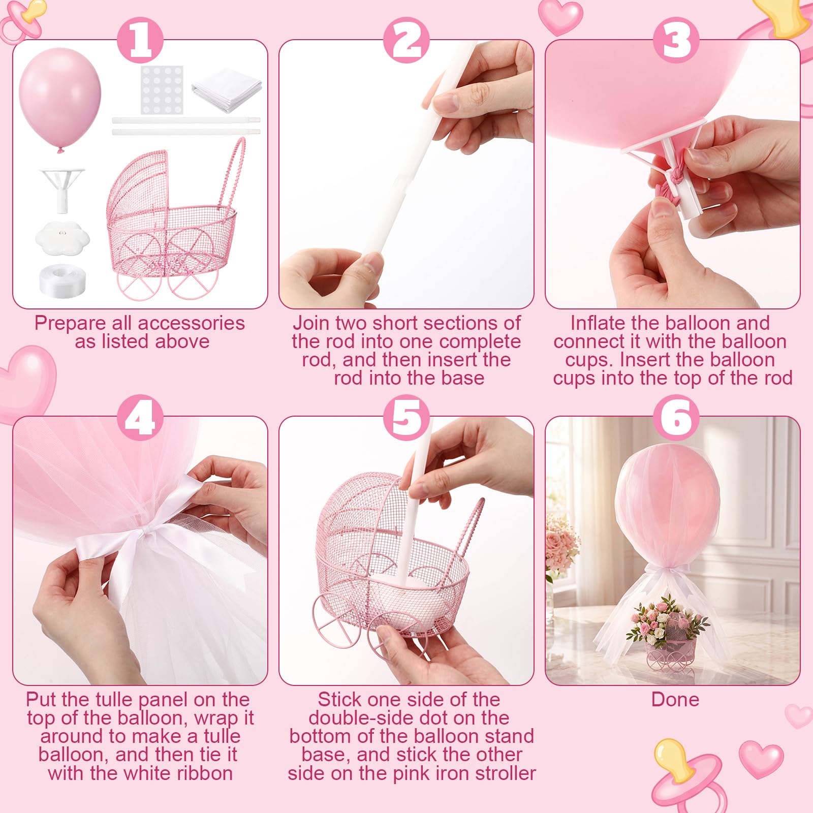 Set di 6 centrotavola rosa per baby shower, decorazioni da tavolo a palloncino a tutù, carrozze, supporti per palloncini per compleanno, sesso, rivelazione, battesimo, festa di nozze