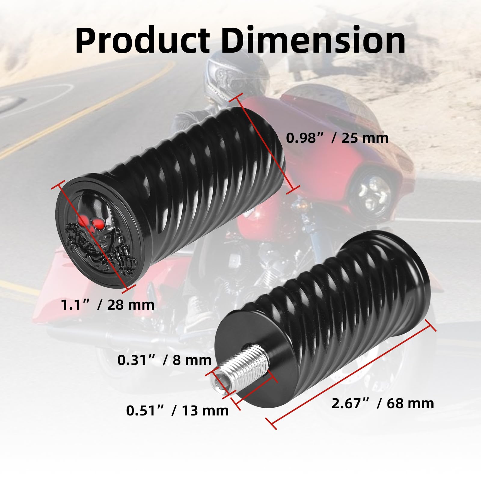 Goldfire Estriberas para palanca de cambios de motocicleta estilo calavera 3D + reposapiés delgado de montaje macho compatible con Harley Sportster Dyna Touring Peg Mount Pedal reposapiés (negro)